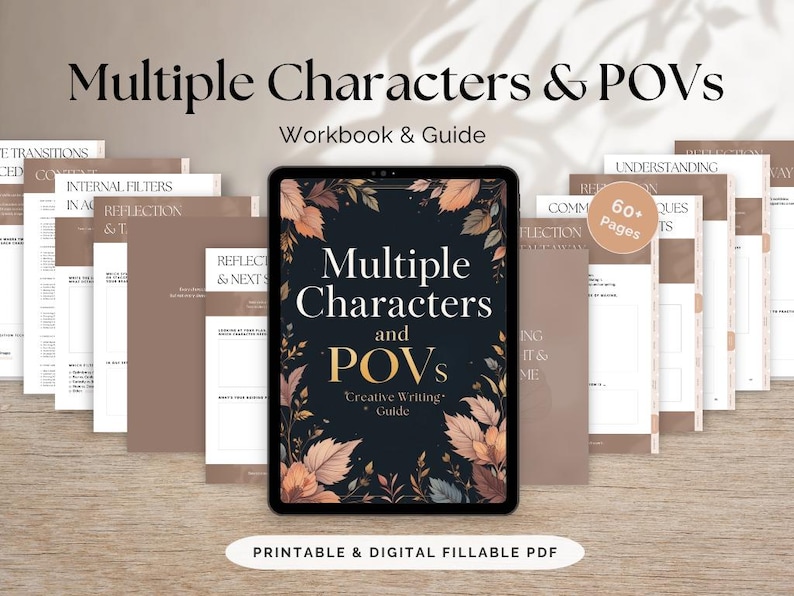 Cover image of a digital writing guide for authors featuring multi-character and multiple POV techniques, interactive workbook layout with prompts, questions, tips, and Canva-friendly design for story structure and voice development.