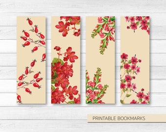 4 Printable Flower Bookmarks Red | Set of 4 flower bookmarks | plant bookmarks | gifts for her & for him | bookmark set floral | presents