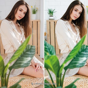 May include: A woman wearing a white shirt and a black and white polka dot skirt sits on a woven mat with a green plant in front of her. The image is split into two sections, labelled "Before" and "After", showing the difference in lighting and colour.