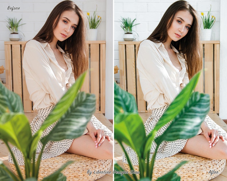May include: A woman wearing a white shirt and a black and white polka dot skirt sits on a woven mat with a green plant in front of her. The image is split into two sections, labelled "Before" and "After", showing the difference in lighting and colour.