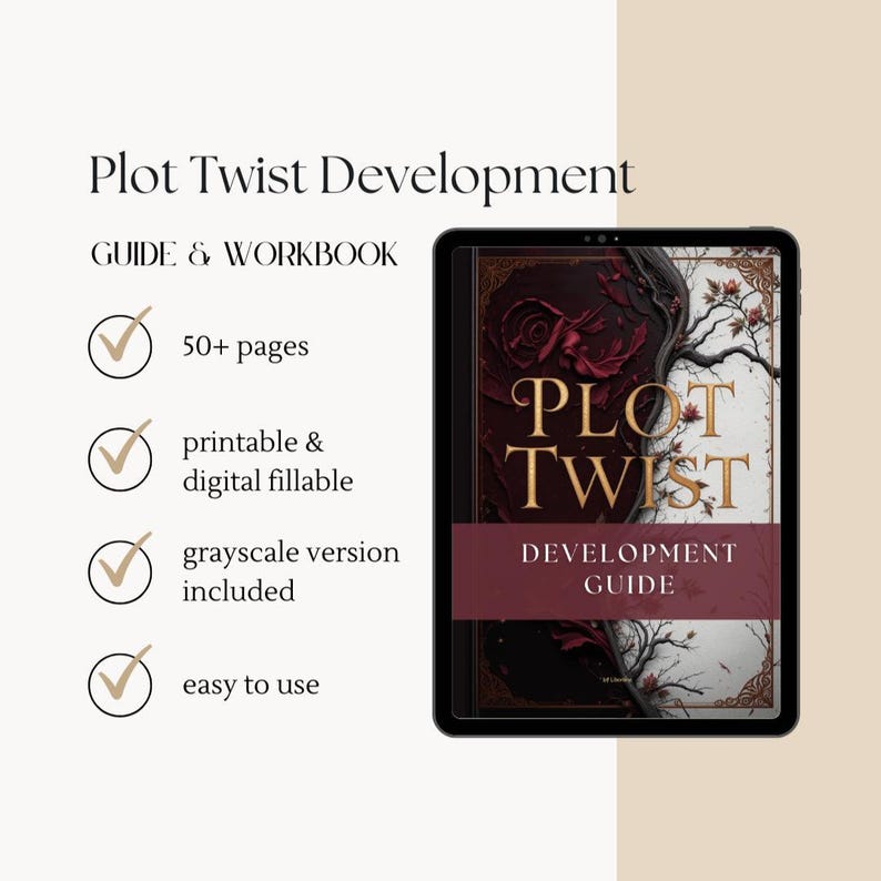 Cover of The Plot Twist Lab interactive creative writing workbook PDF for writers of thriller, fantasy, romance, and mystery