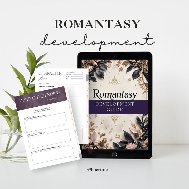 Romantasy Writing Guide PDF for Romance and Fantasy Authors, interactive Canva workbook with 12 chapters, character development, plot twists, worldbuilding, and story planning tools