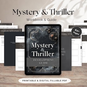 Peut inclure: Un guide et un cahier d'exercices numériques intitulé "Mystery & Thriller" est affiché sur une tablette, avec le texte "Development Guide" en dessous. L'image comprend plusieurs pages avec du texte, et les mots "Printable & Digital Fillable PDF" sont en bas.