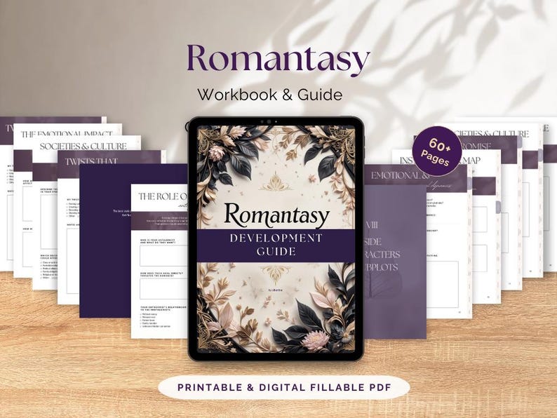 Romantasy Writing Guide PDF for Romance and Fantasy Authors, interactive Canva workbook with 12 chapters, character development, plot twists, worldbuilding, and story planning tools