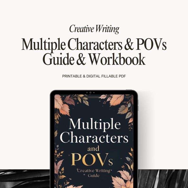 Cover image of a digital writing guide for authors featuring multi-character and multiple POV techniques, interactive workbook layout with prompts, questions, tips, and Canva-friendly design for story structure and voice development.