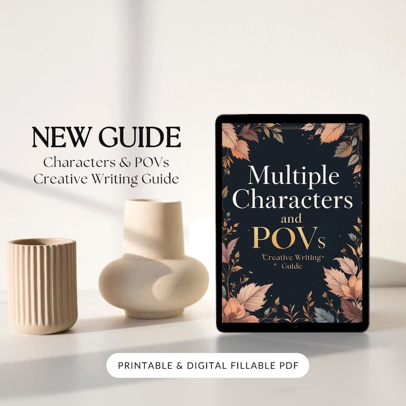 Cover image of a digital writing guide for authors featuring multi-character and multiple POV techniques, interactive workbook layout with prompts, questions, tips, and Canva-friendly design for story structure and voice development.