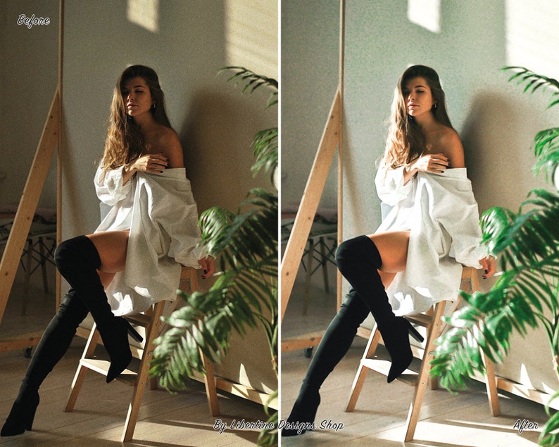 May include: A woman wearing a white shirt and black thigh-high boots sits on a wooden stool in front of a green plant. The background is a light beige wall with a shadow cast from a window.