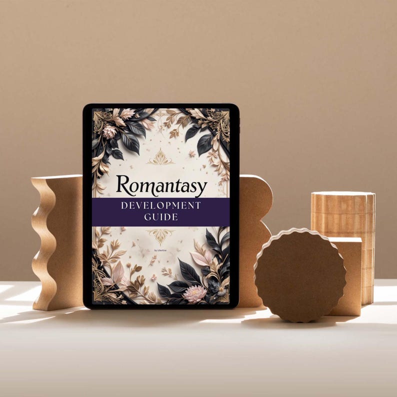 Romantasy Writing Guide PDF for Romance and Fantasy Authors, interactive Canva workbook with 12 chapters, character development, plot twists, worldbuilding, and story planning tools