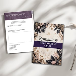 Romantasy Writing Guide PDF for Romance and Fantasy Authors, interactive Canva workbook with 12 chapters, character development, plot twists, worldbuilding, and story planning tools
