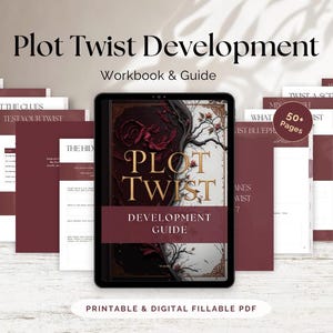 Puede incluir: Un cuaderno de trabajo y una guía digital titulada "Plot Twist Development" en borgoña y dorado. La portada de la guía muestra "Plot Twist" y "Development Guide". Varias hojas de trabajo son visibles. También está presente el texto "Printable & Digital Fillable PDF".