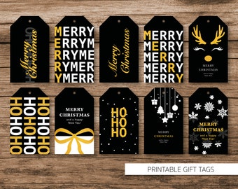 10 Printable Christmas Gift Tags black gold | Set of 10 holiday gift tags | black gift tags | gifts for her & for him | gift tags set gold