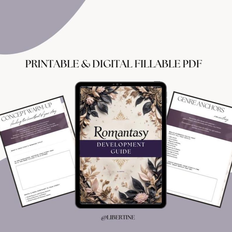 Romantasy Writing Guide PDF for Romance and Fantasy Authors, interactive Canva workbook with 12 chapters, character development, plot twists, worldbuilding, and story planning tools