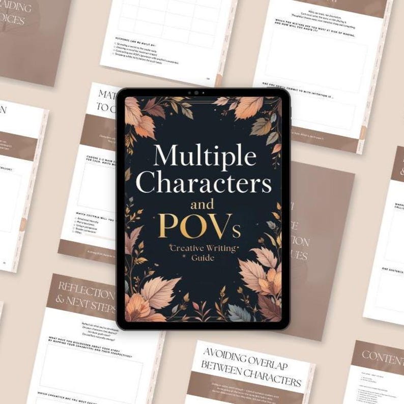 Cover image of a digital writing guide for authors featuring multi-character and multiple POV techniques, interactive workbook layout with prompts, questions, tips, and Canva-friendly design for story structure and voice development.