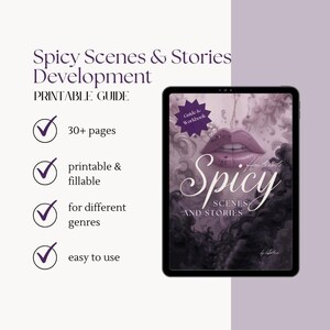 Interactive PDF guide for writing spicy and intimate scenes in romance and erotica, including six chapters, creative writing exercises, tips for pacing, sensory detail, consent, and story integration, with full-color and grayscale versions for printing.