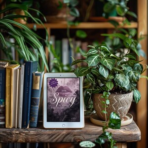 Interactive PDF guide for writing spicy and intimate scenes in romance and erotica, including six chapters, creative writing exercises, tips for pacing, sensory detail, consent, and story integration, with full-color and grayscale versions for printing.