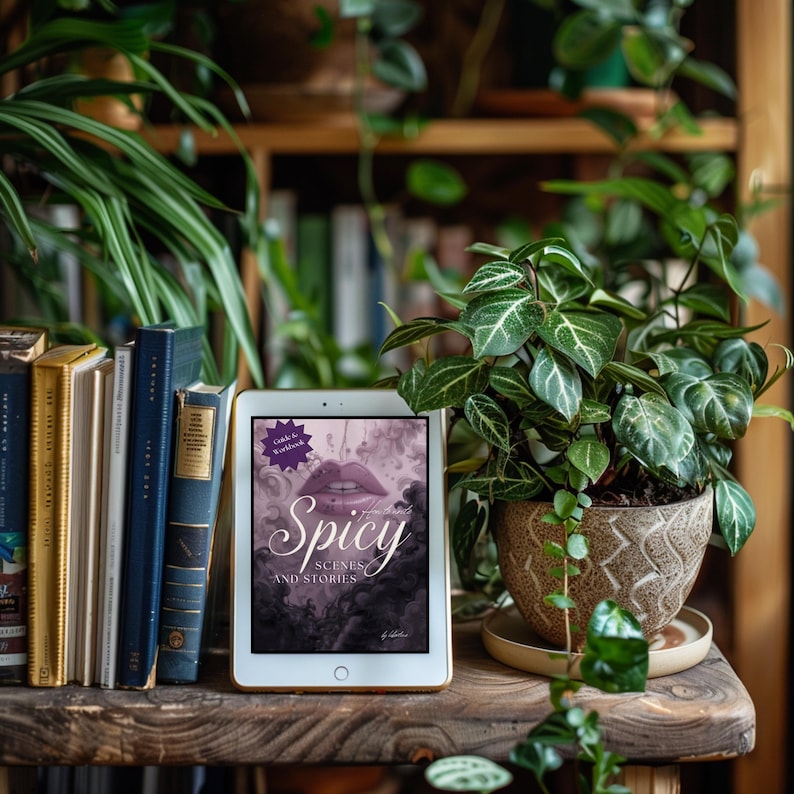 Interactive PDF guide for writing spicy and intimate scenes in romance and erotica, including six chapters, creative writing exercises, tips for pacing, sensory detail, consent, and story integration, with full-color and grayscale versions for printing.