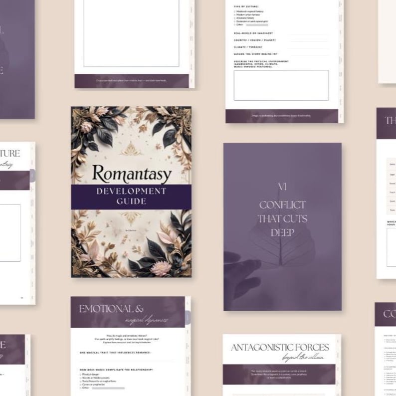 Romantasy Writing Guide PDF for Romance and Fantasy Authors, interactive Canva workbook with 12 chapters, character development, plot twists, worldbuilding, and story planning tools
