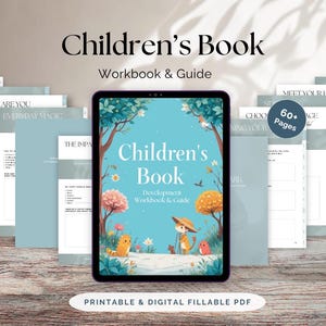 Peut inclure: Un cahier d'exercices et un guide numériques pour enfants intitulé "Children's Book" affiché sur une tablette. La couverture présente des illustrations d'arbres, d'animaux et le texte "Development Workbook & Guide". D'autres pages et le texte "Printable & Digital Fillable PDF" sont également visibles.