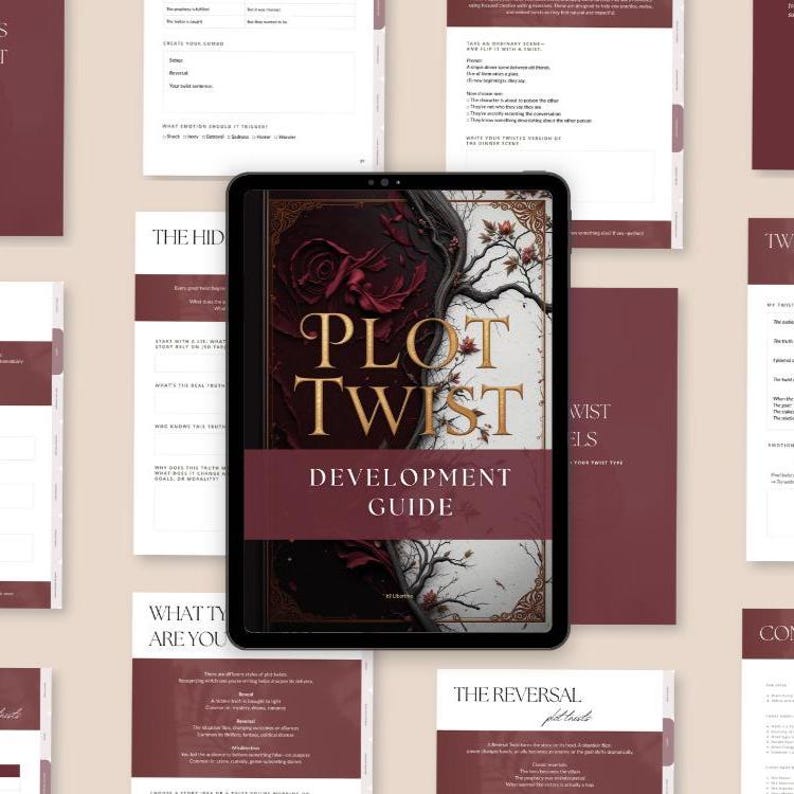 Cover of The Plot Twist Lab interactive creative writing workbook PDF for writers of thriller, fantasy, romance, and mystery