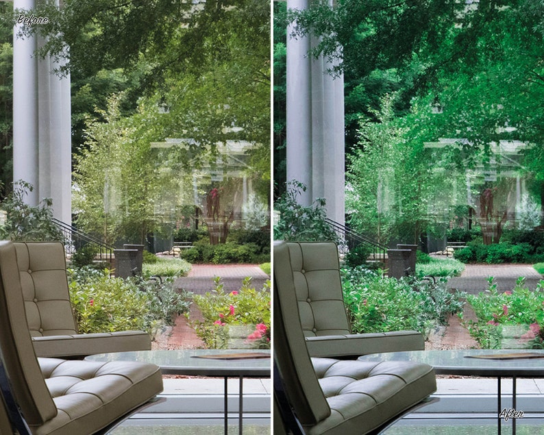 May include: Two light brown leather chairs with a glass table in front of them. The chairs are facing a large window with a view of a lush green garden with trees and bushes.