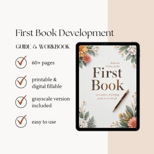 First Book Writing Guide PDF for beginners with interactive workbook, writing prompts, checklists, and self-publishing tips