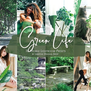 May include: A set of 10 mobile Lightroom presets called "Green Life" by Libertine Designs Shop. The presets are designed to enhance photos with a green colour palette, perfect for nature and lifestyle photography.