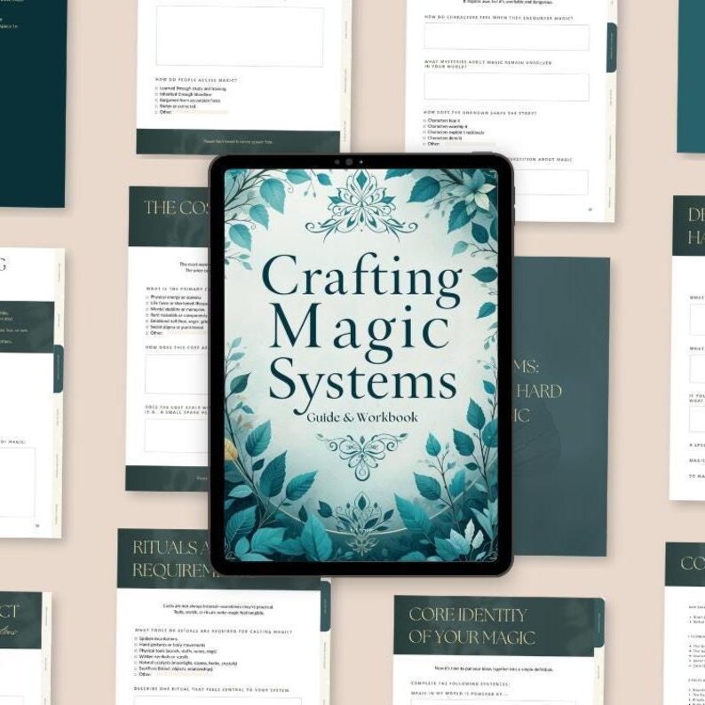A preview of a downloadable interactive PDF workbook titled ‘Magic System Creative Writing Guide’ featuring 6 structured chapters with prompts, fillable exercises, inspirational quotes, and world-building sections for fantasy authors.