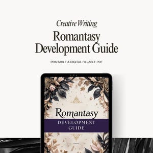 Romantasy Writing Guide PDF for Romance and Fantasy Authors, interactive Canva workbook with 12 chapters, character development, plot twists, worldbuilding, and story planning tools