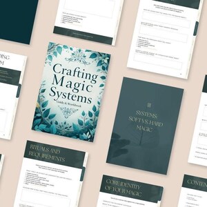 A preview of a downloadable interactive PDF workbook titled ‘Magic System Creative Writing Guide’ featuring 6 structured chapters with prompts, fillable exercises, inspirational quotes, and world-building sections for fantasy authors.