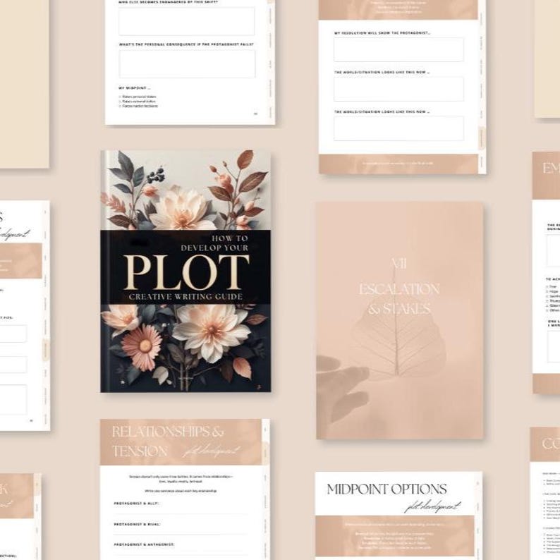 Story planning worksheet from the Plot Development Workbook – guided writing prompts for authors to develop characters and structure plots.