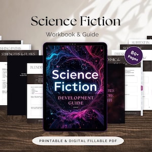 Può includere: Una Guida allo Sviluppo di Fantascienza digitale su un tablet, con un vivace design a nebulosa. Il titolo "Science Fiction" è in evidenza. Sono visibili quaderni e guide, con il testo "80+ Pagine" e "PDF compilabile e digitale".