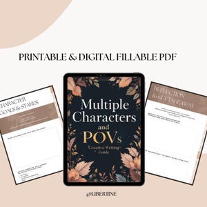 Cover image of a digital writing guide for authors featuring multi-character and multiple POV techniques, interactive workbook layout with prompts, questions, tips, and Canva-friendly design for story structure and voice development.