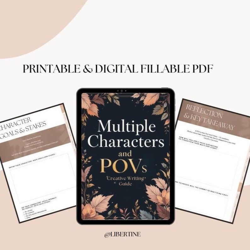 Cover image of a digital writing guide for authors featuring multi-character and multiple POV techniques, interactive workbook layout with prompts, questions, tips, and Canva-friendly design for story structure and voice development.