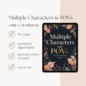 Cover image of a digital writing guide for authors featuring multi-character and multiple POV techniques, interactive workbook layout with prompts, questions, tips, and Canva-friendly design for story structure and voice development.