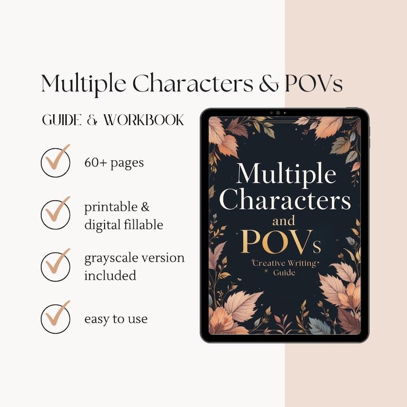 Cover image of a digital writing guide for authors featuring multi-character and multiple POV techniques, interactive workbook layout with prompts, questions, tips, and Canva-friendly design for story structure and voice development.