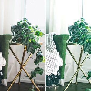 May include: A before and after image showing the difference in lighting and colour tone. The image shows a green chair with a white and black striped throw blanket, a gold metal side table with a potted plant with green and silver leaves, and a window in the background.