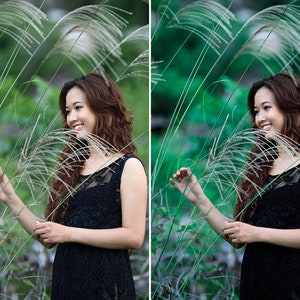 May include: A woman in a black dress stands in a field of tall green grass with white feathery plumes. She is smiling and looking to the right. The image is split into two sections, with the left side labelled "Before" and the right side labelled "After".