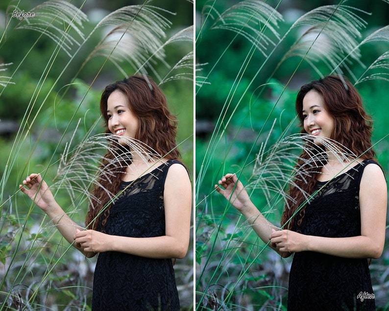 May include: A woman in a black dress stands in a field of tall green grass with white feathery plumes. She is smiling and looking to the right. The image is split into two sections, with the left side labelled "Before" and the right side labelled "After".