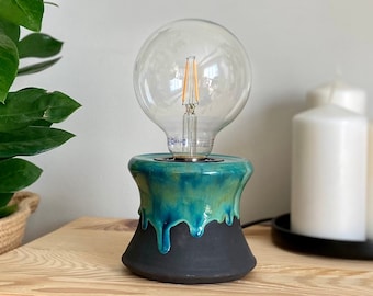 Ceramic Small Black Desk Lamp with Blue-Green Accent Glazed, Pottery Table Cute Lighting, Unique Bedside Night Lamp, Bedroom Side Lamp