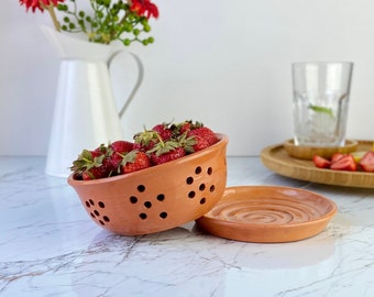 Pottery Berry Bowl with Saucer, Ceramic Fruit Colander, Clay Strawberry Plate, Terracotta Strainer with Holes, Farmhouse Cook Gift