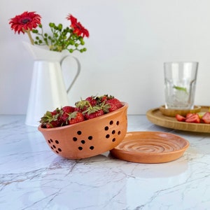 May include: A terracotta bowl with holes for draining, filled with fresh red strawberries. The bowl has a matching lid with a swirl design.