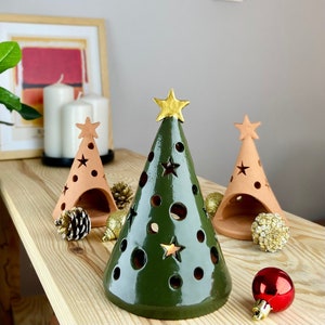 Ceramic Christmas Tree Lantern, Xmas Candle Holder, Holiday Tea Lighting , Pottery Tree Luminary, Clay Small Christmas Tree, New Year Light