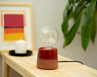 Pottery Red Table Lamp, Bedroom Light, Unique Edison Lamp, Concrete Desk Lamp, Living Room Night Light, Ceramic Housewarming Lighting