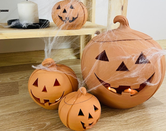 Terracotta Jack O Lantern Candle Holder, Rustic Halloween Decor