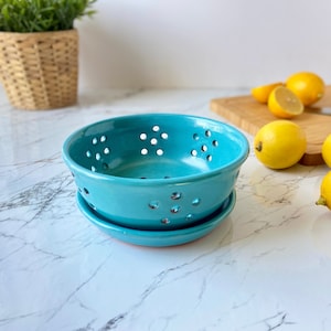 Turquoise Ceramic Berry Bowl, Pottery Fruit Colander with Saucer, Clay Strawberry Strainer Plate, Cook Kitchen Gift, Housewarming Gift image 5