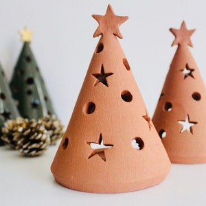 Christmas Tree Tea Light, Ceramic Candle Holder,Xmas Pottery Lantern, Holiday Ceramics Mini Tree Luminaries