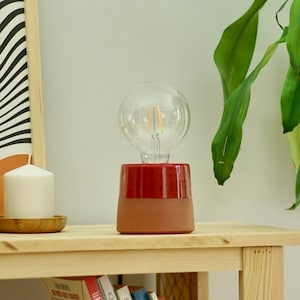 Red Small Table Lamp, Bedside Mini Cute Lamp, Livingroom Boho Lamp, Unique Night Light Lamp, Pottery Accent Lamp, Housewarming Lighting Gift