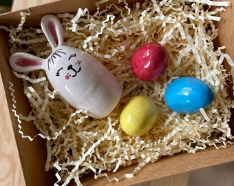 Spring Easter Set, Hand Built Eggs, Bunny Figurine, Hen Eggs Decor