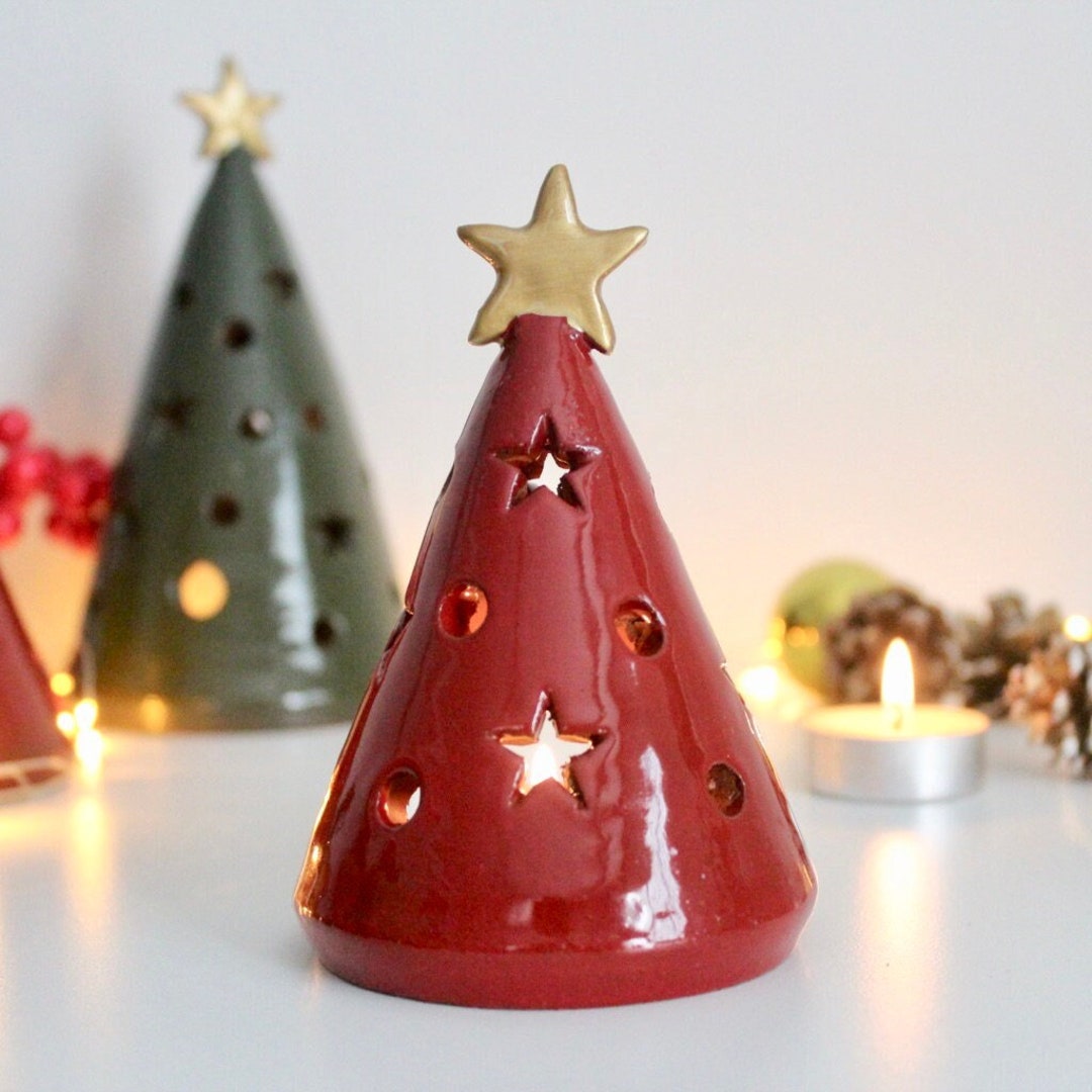 Christmas Ceramic Tree Candle Holder, Pottery Tea Light, Holiday Decor