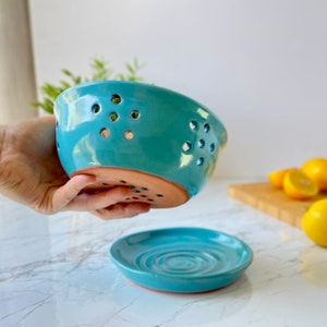 Turquoise Ceramic Berry Bowl, Pottery Fruit Colander with Saucer, Clay Strawberry Strainer Plate, Cook Kitchen Gift, Housewarming Gift image 7